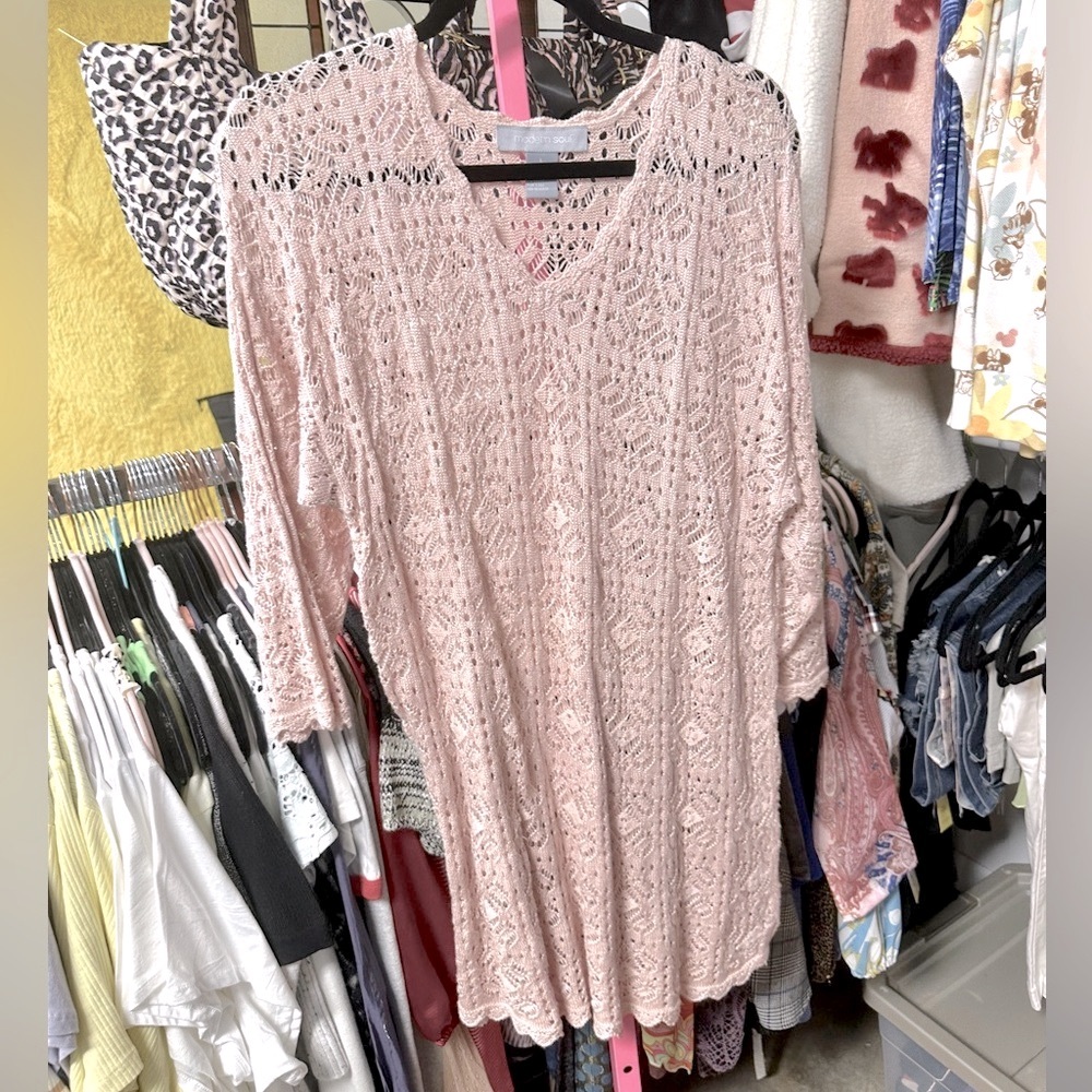 Modern Soul juniors size large open crochet tunic sweater mauve pink 3/4 sleeves